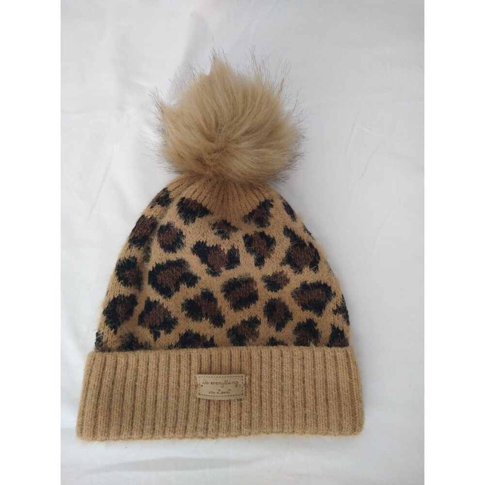 Do Everything in Love Cheetah Knit Hat with Big Snap Off Pom Ski Lodge Cabin
